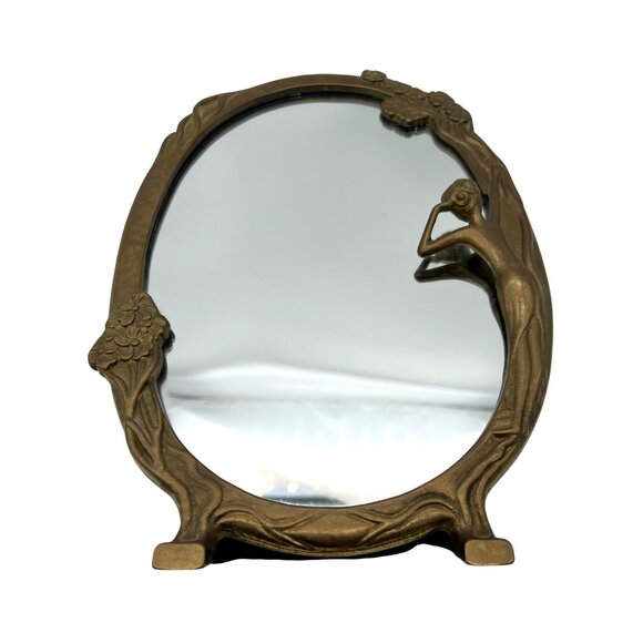 Vintage Art Nouveau Free Standing Brass Vanity Mirror Woman Floral Design 10.5"H - Picture 2 of 9